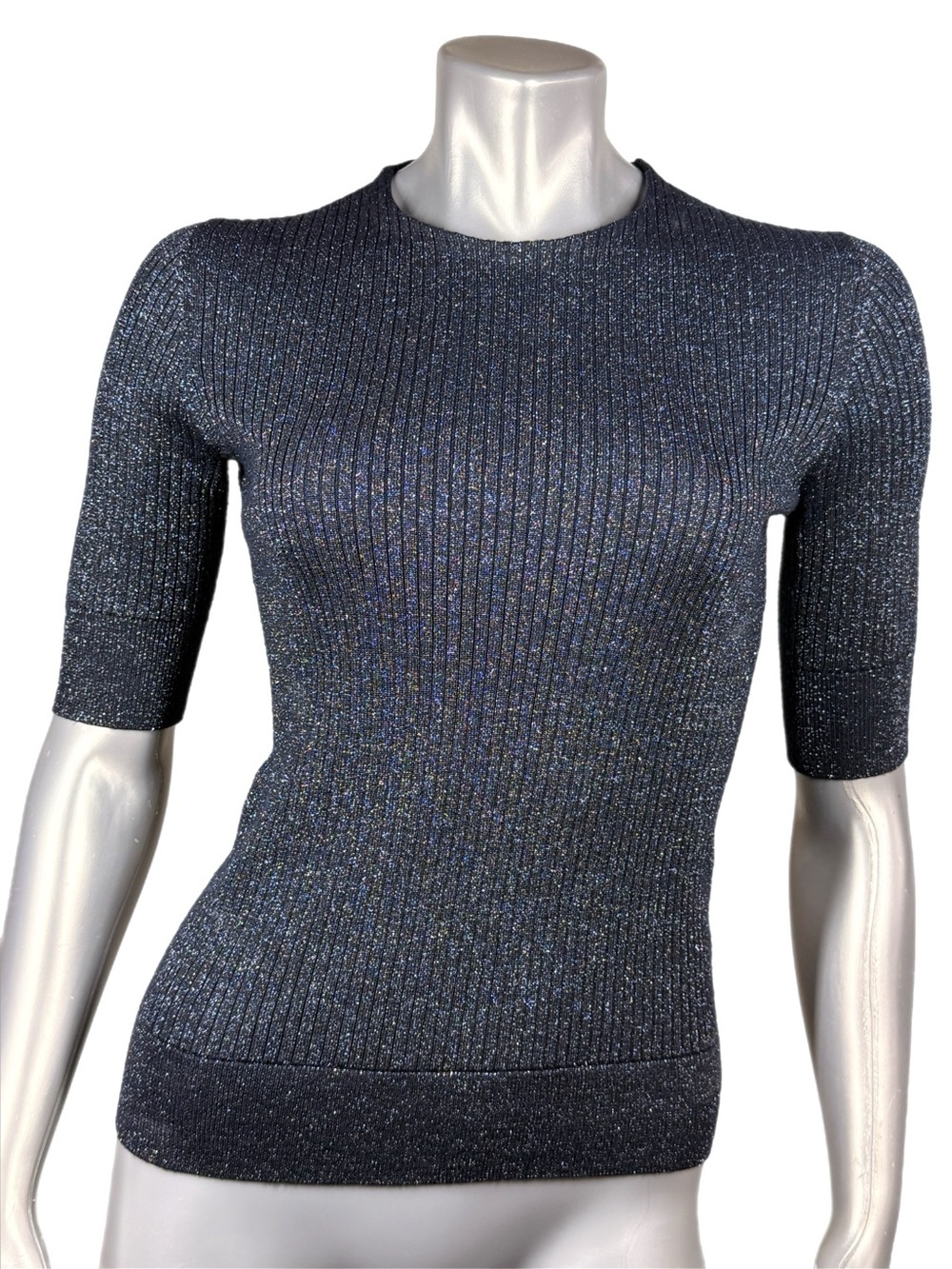 Tory Burch | Navy Blue Ribbed Short-Sleeve Metallic Knit Top - Silver Sparkle - Picture 2 of 14